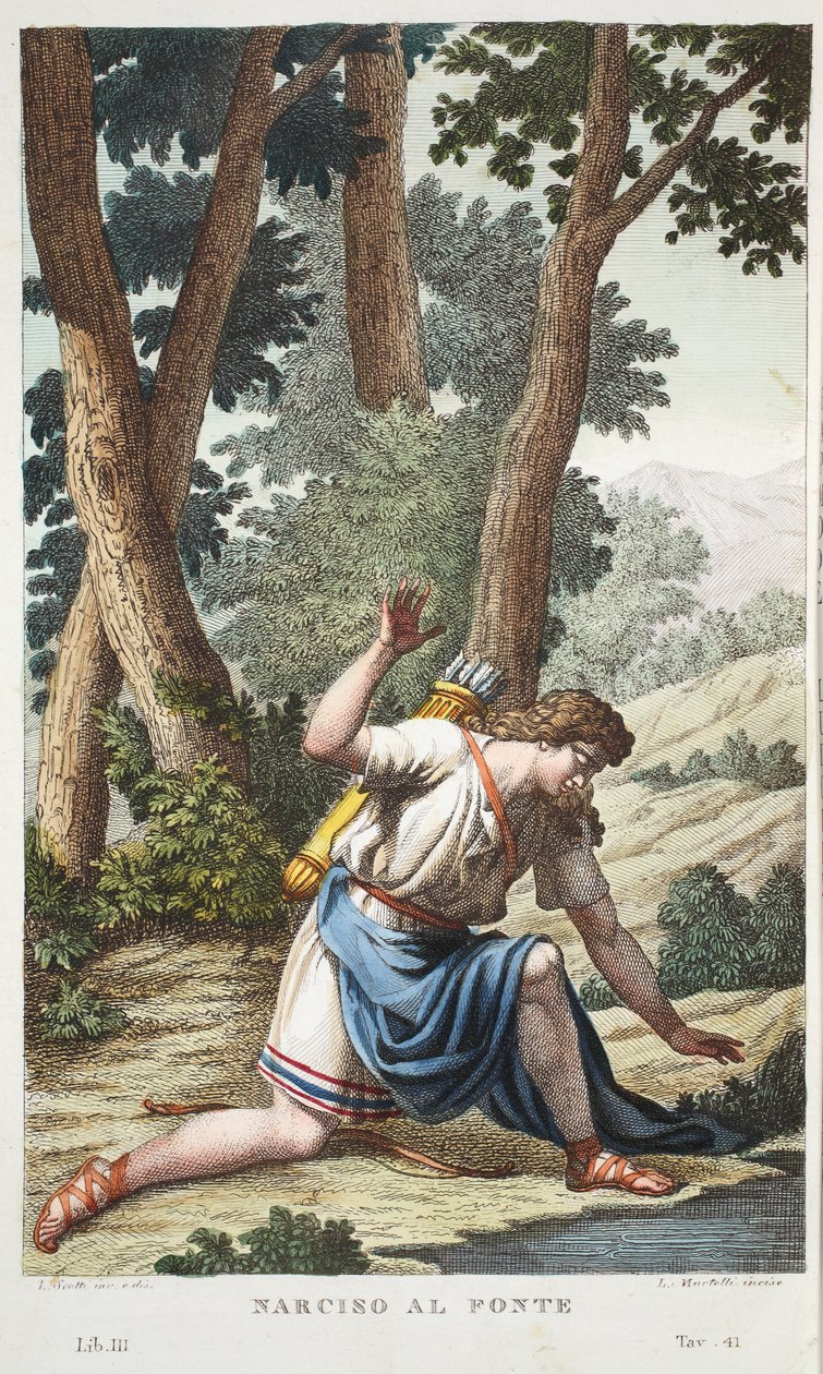 Narcissus i en blomst eller Narciso al Fonte, bog III, illustration fra Ovids Metamorphoses, Firenze, 1832 (håndfarvet gravering) af Luigi Ademollo