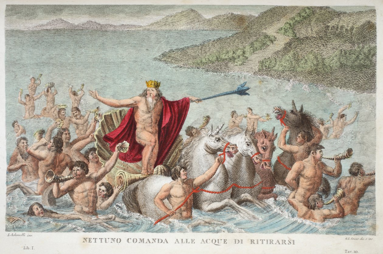 Neptun Calming the Waves eller Nettuno Comanda alle Acque di Ritirarsi, Bog I, illustration fra Ovids Metamorphoses, Firenze, 1832 (håndkoloreret gravering) af Luigi Ademollo