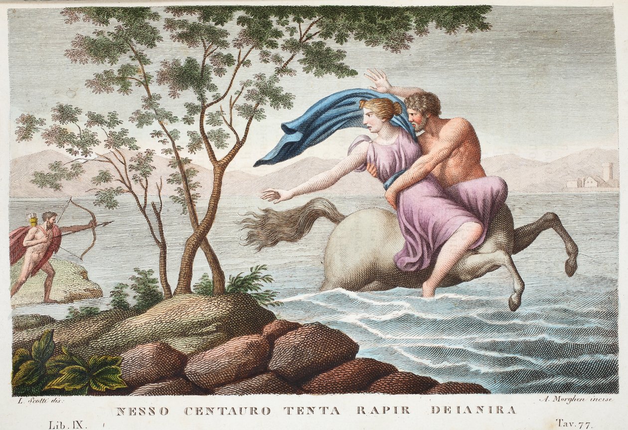 Nessus og Deianira eller Nesso Centauro tenta rapir Deianira, Bog IX, illustration fra Ovids Metamorphoses, Firenze, 1832 (håndfarvet gravering) af Luigi Ademollo