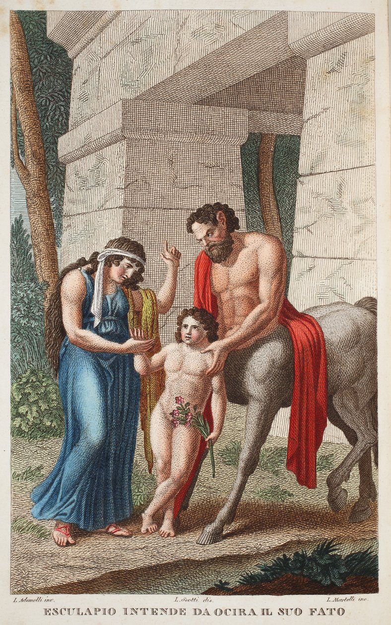 Ocyrrhoe into a Mare or Esculapio intende da Ocira il Suo Fato, illustration fra Ovids Metamorfoser, Firenze, 1832 (håndkoloreret stik) af Luigi Ademollo