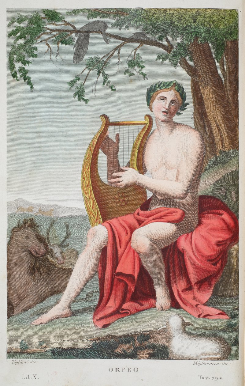 Orpheus eller Orfeo, illustration fra Ovids Metamorphoses, Firenze, 1832 (håndkoloreret gravering) af Luigi Ademollo