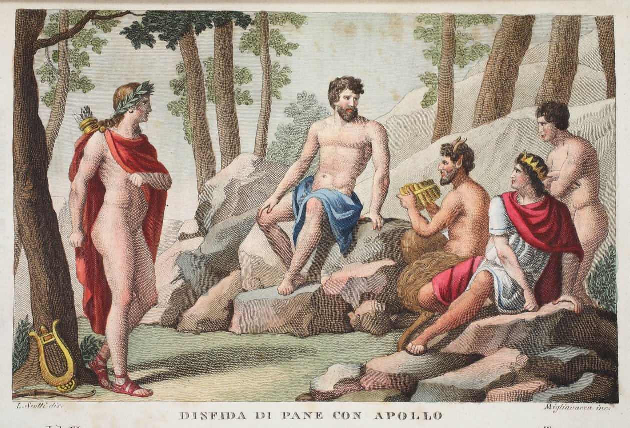 Pan og Apollo eller Dinfida di Pane con Apollo, Bog XI, illustration fra Ovids Metamorphoses, Firenze, 1832 (håndkoloreret gravering) af Luigi Ademollo