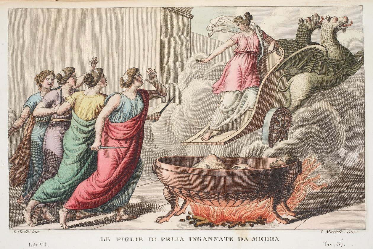Pelias med sine døtre eller Le Figlie di Pelia Ingannate da Medea, Bog VII, illustration fra Ovids Metamorphoses, Firenze, 1832 (håndkoloreret gravering) af Luigi Ademollo