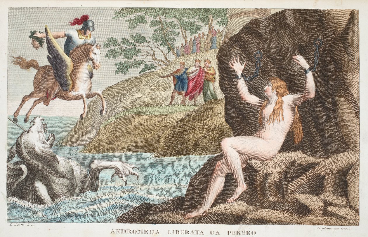 Perseus og Andromeda eller Andromeda Liberata da Perseo, Bog IV, illustration fra Ovids Metamorphoses, Firenze, 1832 (håndkoloreret gravering) af Luigi Ademollo