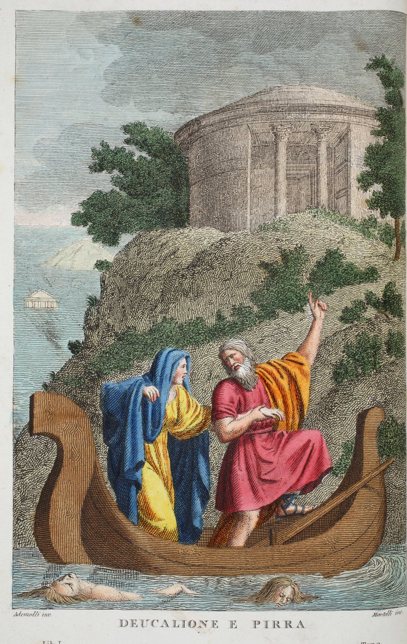 Pyrrha og Deucalion eller Deucalione e Pirra, illustration fra Ovids Metamorphoses, Firenze, 1832 (håndkoloreret gravering) af Luigi Ademollo