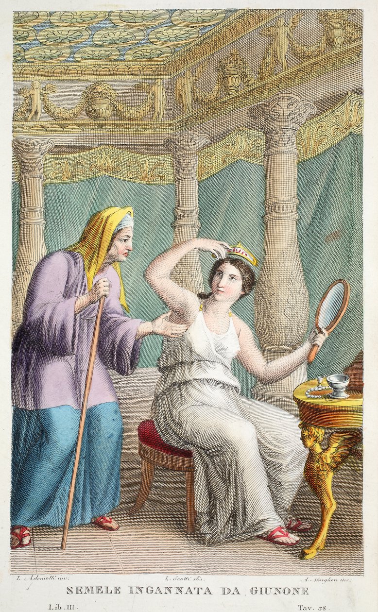 Semele bliver bedraget eller Semele Ingannata da Giunone, illustration fra Ovids Metamorfoser, Firenze, 1832 (håndkoloreret stik) af Luigi Ademollo