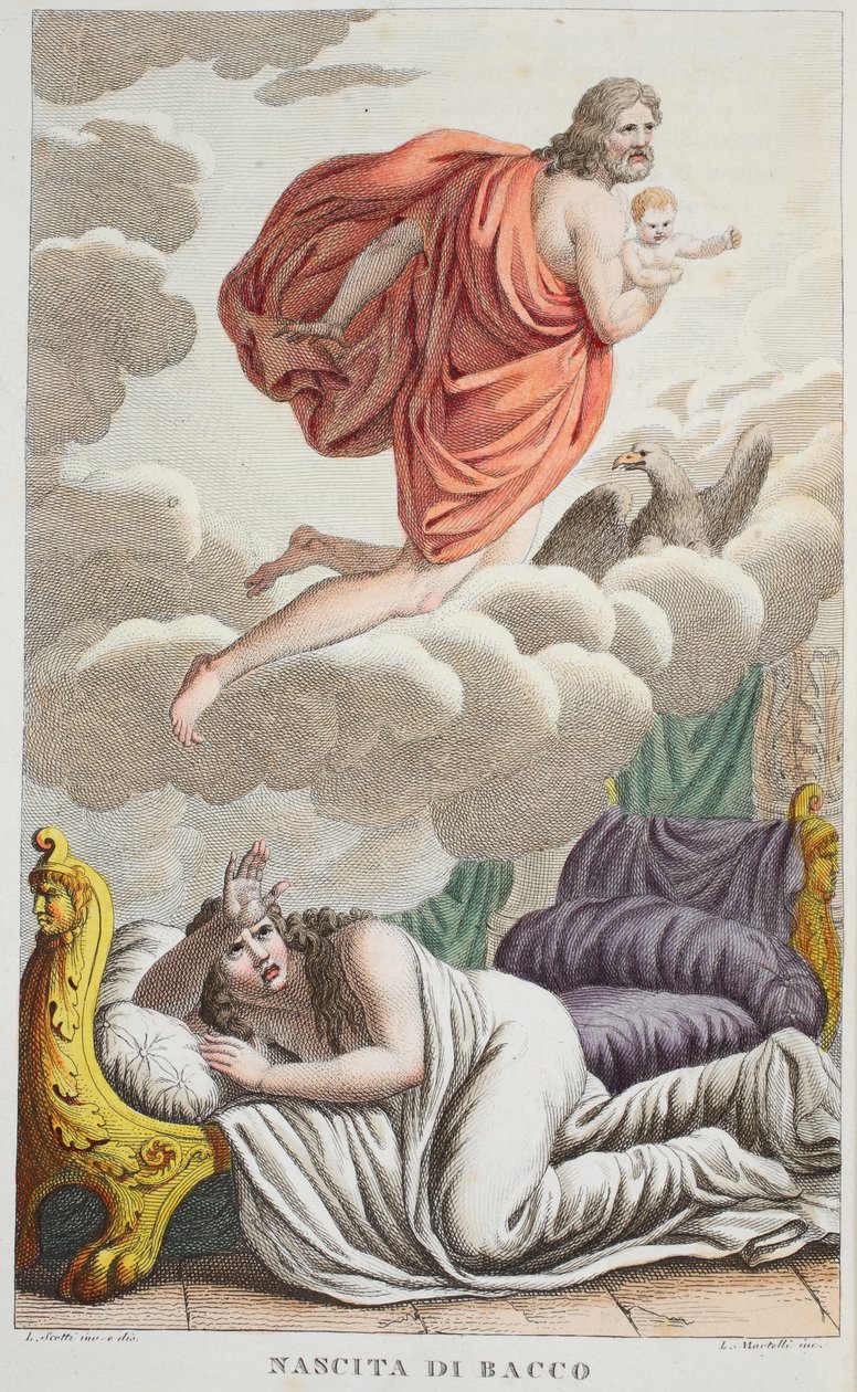 Semele er tordenskjoldet eller Nascita de Bacco, illustration fra Ovids Metamorfoser, Firenze, 1832 (håndkoloreret gravering) af Luigi Ademollo
