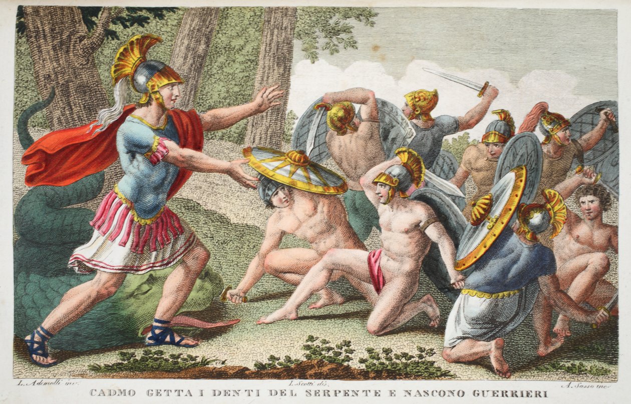 Soldater springer ud af slangens tænder eller Cadmo getta I denti del serpente e nascono Guerrieri, illustration fra Ovids Metamorphoses, Firenze, 1832 (håndkoloreret gravering) af Luigi Ademollo