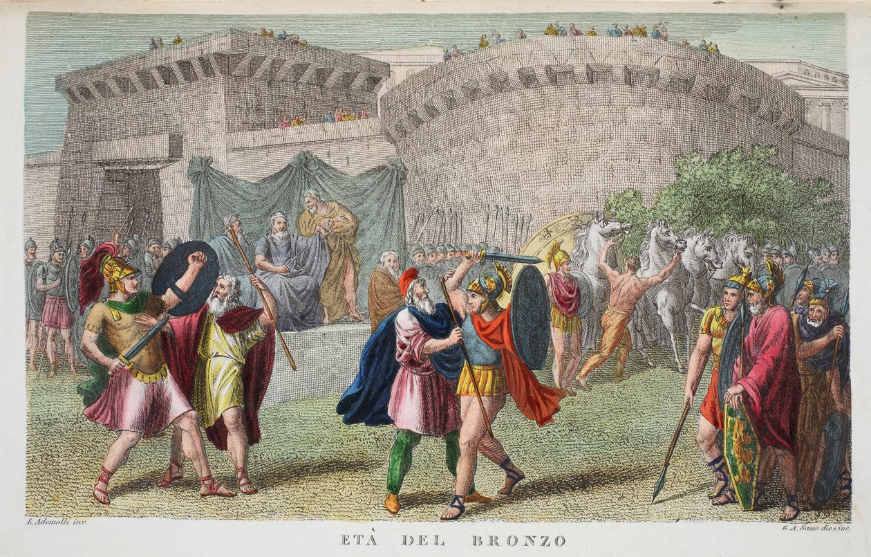 Bronzealderen eller Eta del Bronzo, Bog I, illustration fra Ovids Metamorphoses, Firenze, 1832 (håndkoloreret gravering) af Luigi Ademollo