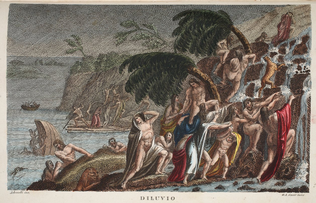 The Flood or Diluvio, Bog I, illustration fra Ovids Metamorphoses, Firenze, 1832 (håndkoloreret gravering) af Luigi Ademollo