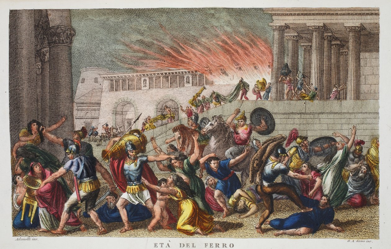 Jernalderen eller Eta del Ferro, illustration fra Ovids Metamorphoses, Firenze, 1832 (håndkoloreret gravering) af Luigi Ademollo