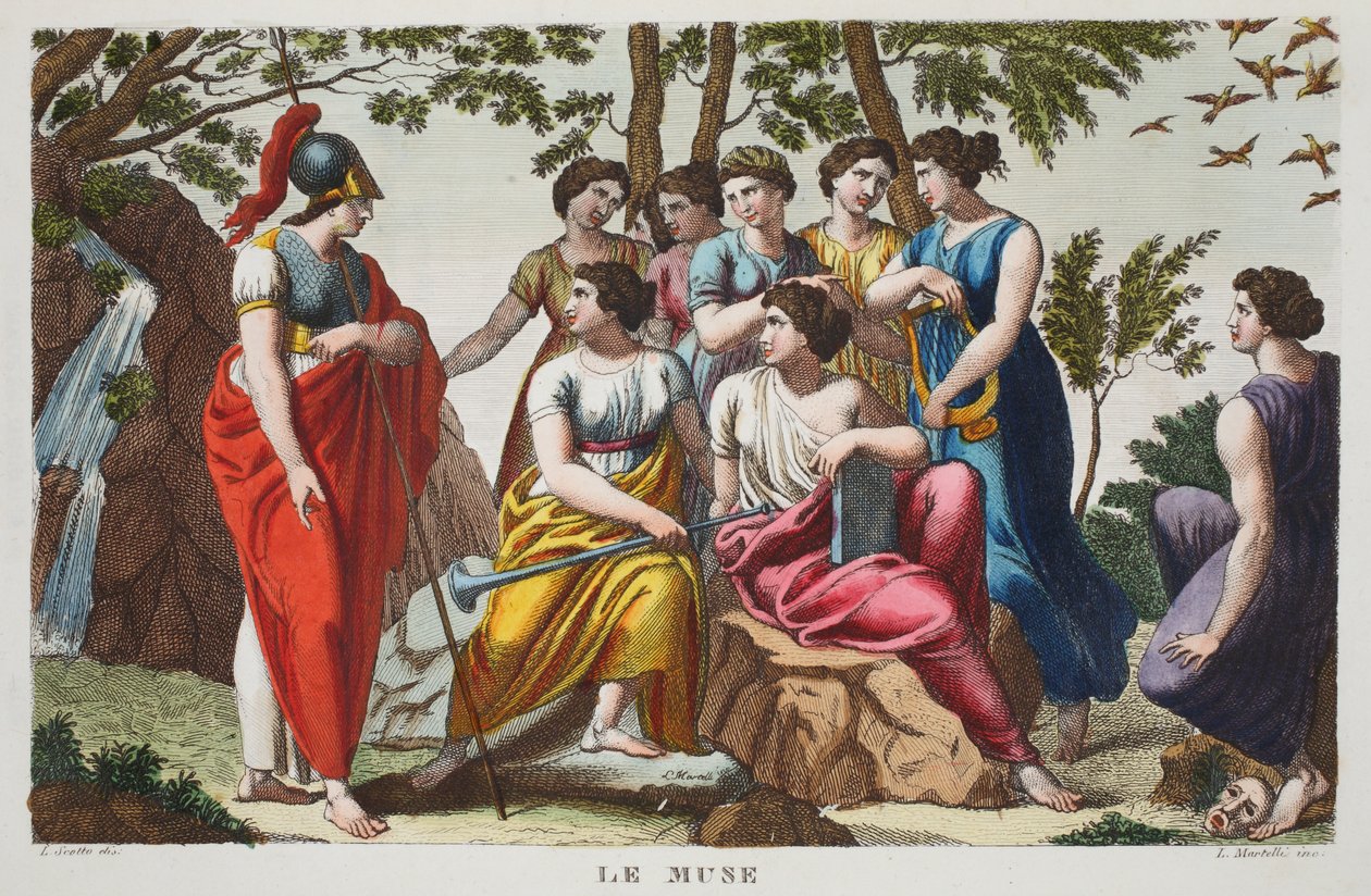 Muserne eller Le Muse, Bog V, illustration fra Ovids Metamorphoses, Firenze, 1832 (håndkoloreret gravering) af Luigi Ademollo