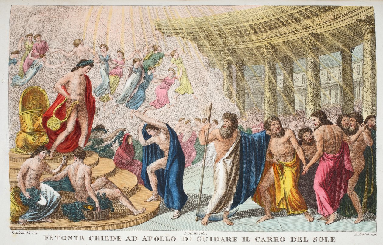 The Palace of the Sun eller Phaeton beder Apollo om at køre Solens Vogn, Bog II, illustration fra Ovids Metamorphoses, Firenze, 1832 (håndfarvet gravering) af Luigi Ademollo