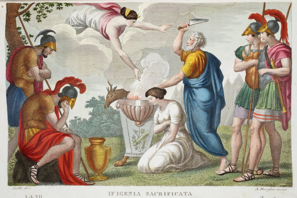 The Sacrifice of Iphigenia eller Ifigenia Sacrificata, Bog XII, illustration fra Ovids Metamorphoses, Firenze, 1832 (håndkoloreret gravering) af Luigi Ademollo