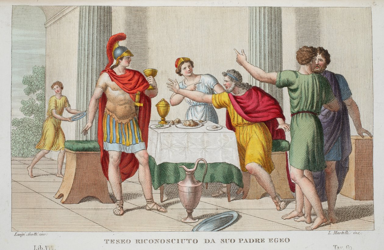 Theseus Recognised or Teseo Riconosciuto da Suo Padre Egeo, Bog VII, illustration fra Ovids Metamorfoser, Firenze, 1832 (håndkoloreret stik) af Luigi Ademollo