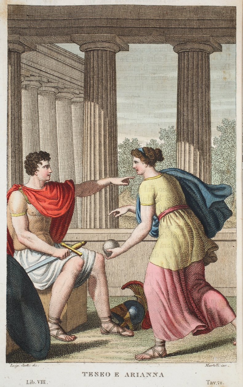 Theseus og Ariadne eller Terro e Arianna, Bog VIII, illustration fra Ovids Metamorphoses, Firenze, 1832 (håndkoloreret gravering) af Luigi Ademollo