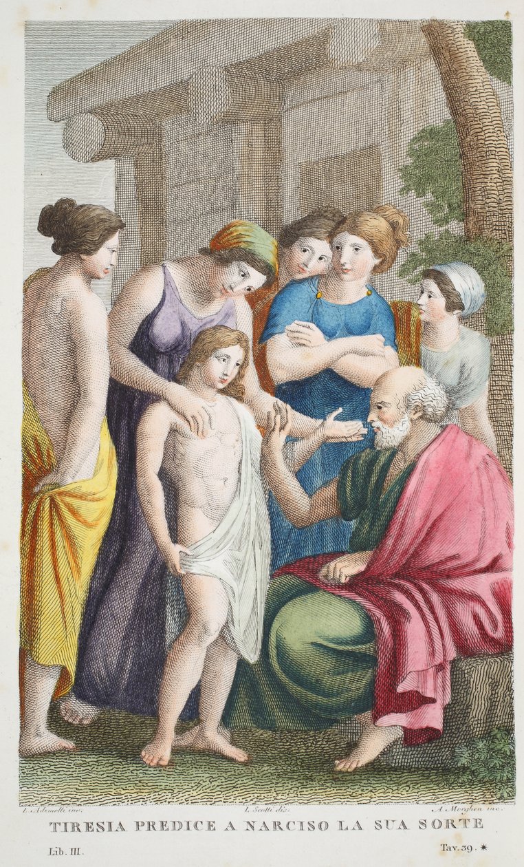 Tiresias Prophecies eller Tirrenia forudsætter en Narciso la sua sorte, Bog III, illustration fra Ovids Metamorphoses, Firenze, 1832 (håndfarvet gravering) af Luigi Ademollo