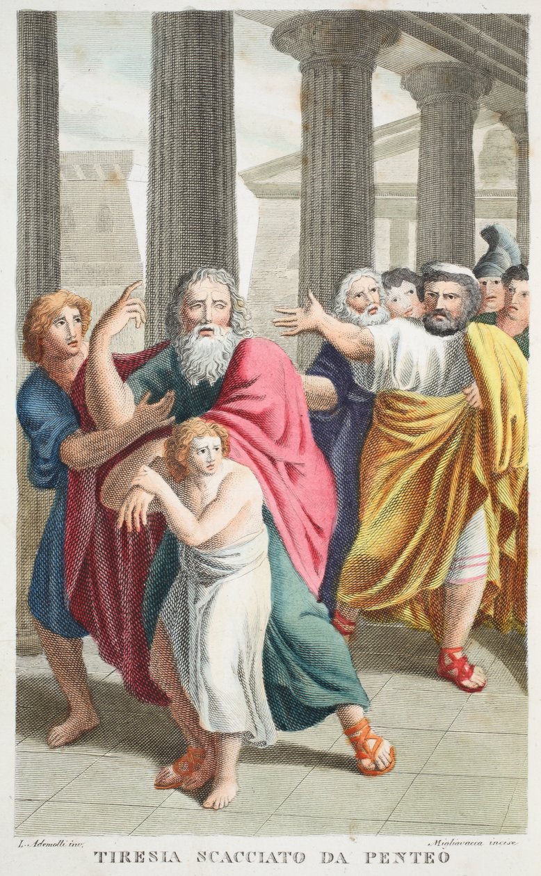 Tiresias afvist af Pentheus eller Tirenia Scacciato da Penteo, bog III, illustration fra Ovids Metamorphoses, Firenze, 1832 (håndkoloreret gravering) af Luigi Ademollo