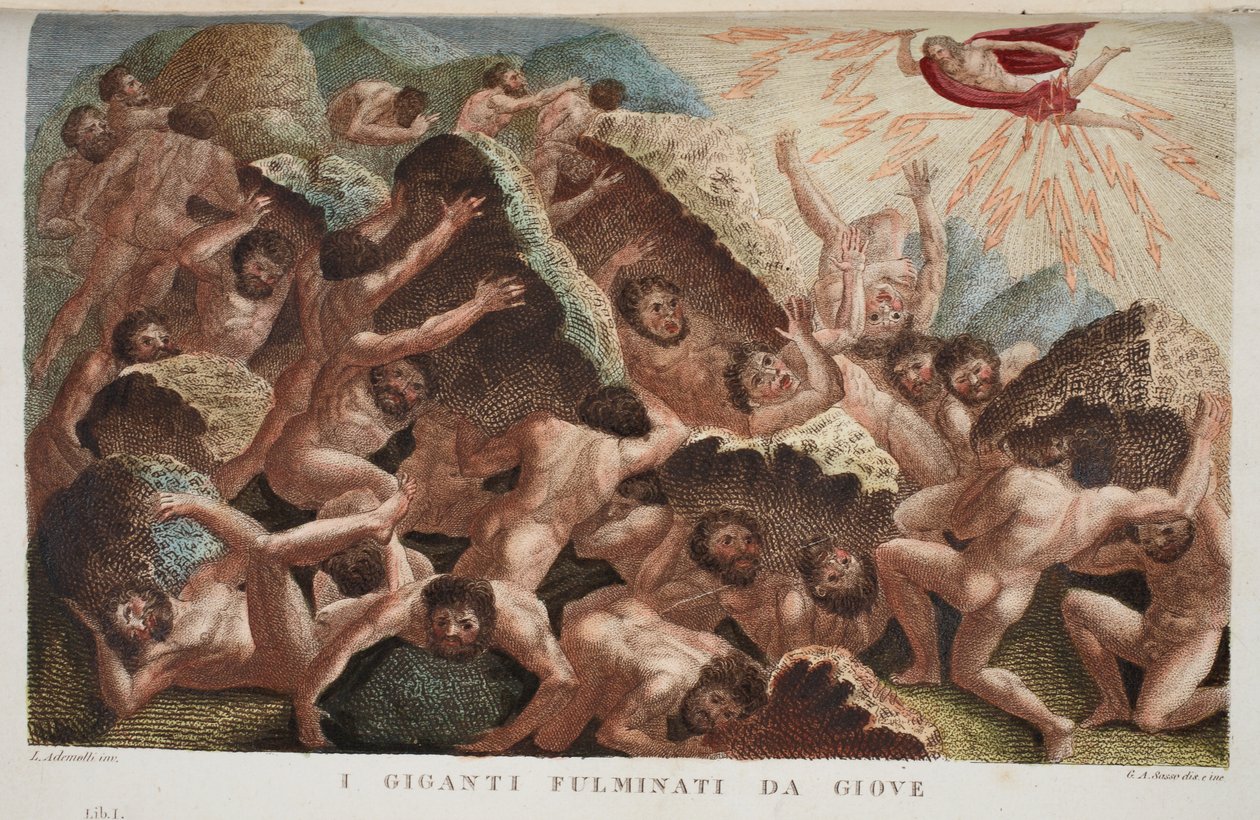 Kæmpernes krig mod Jove eller I Giganti Fulminati da Giove, bog I, illustration fra Ovids Metamorphoses, Firenze, 1832 (håndkoloreret gravering) af Luigi Ademollo