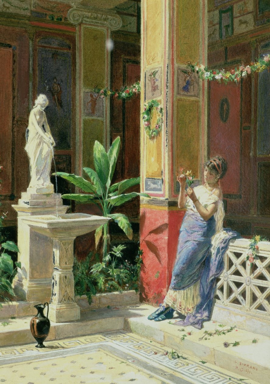 I en gårdhave i Pompeji, 1878 (blyant og wc på papir) af Luigi Bazzani