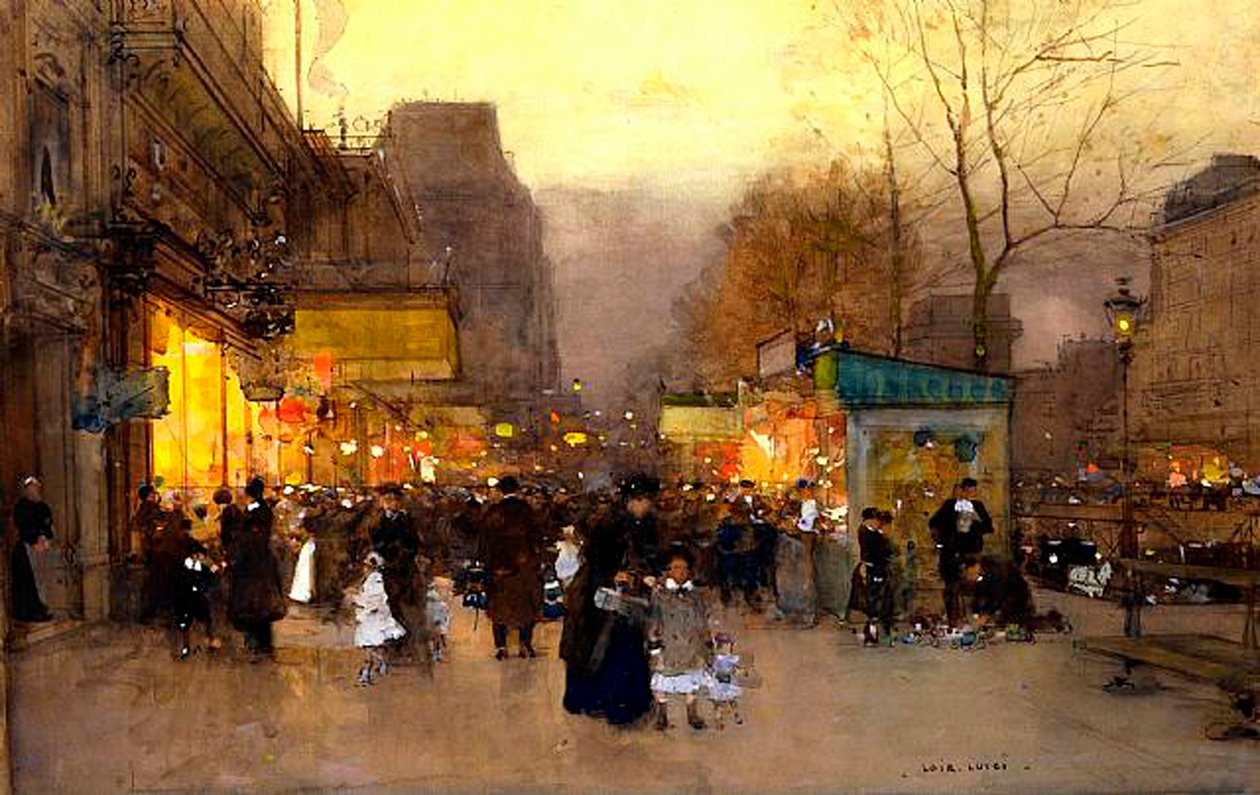 Porte St Martin ved juletid, Paris, ca. 1890 (tempera på panel) af Luigi Loir