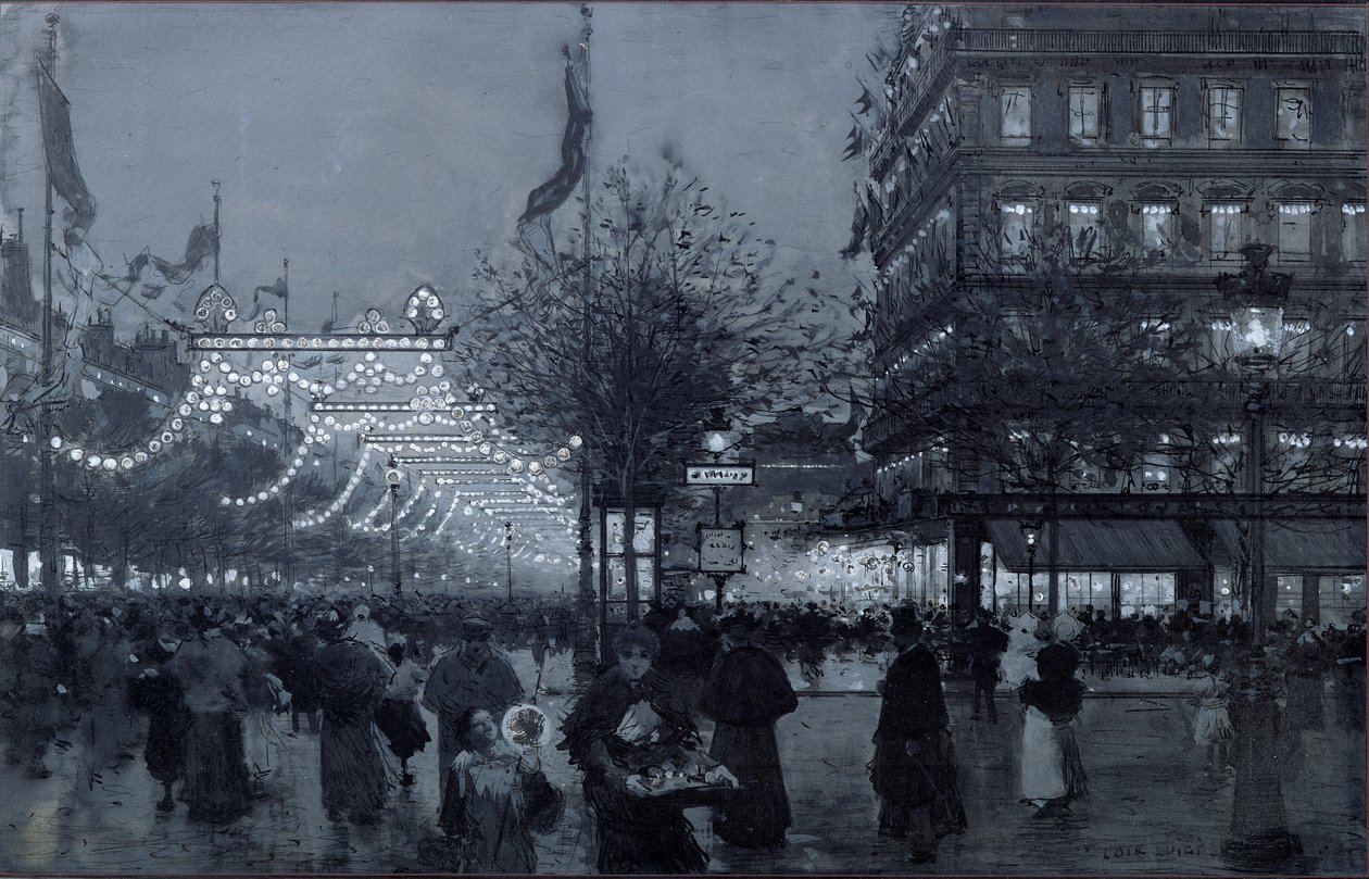 Grands Boulevards, Paris, dekoreret til fejringen af den fransk-russiske alliance i oktober 1893 (wc og gouache på papir) af Luigi Loir