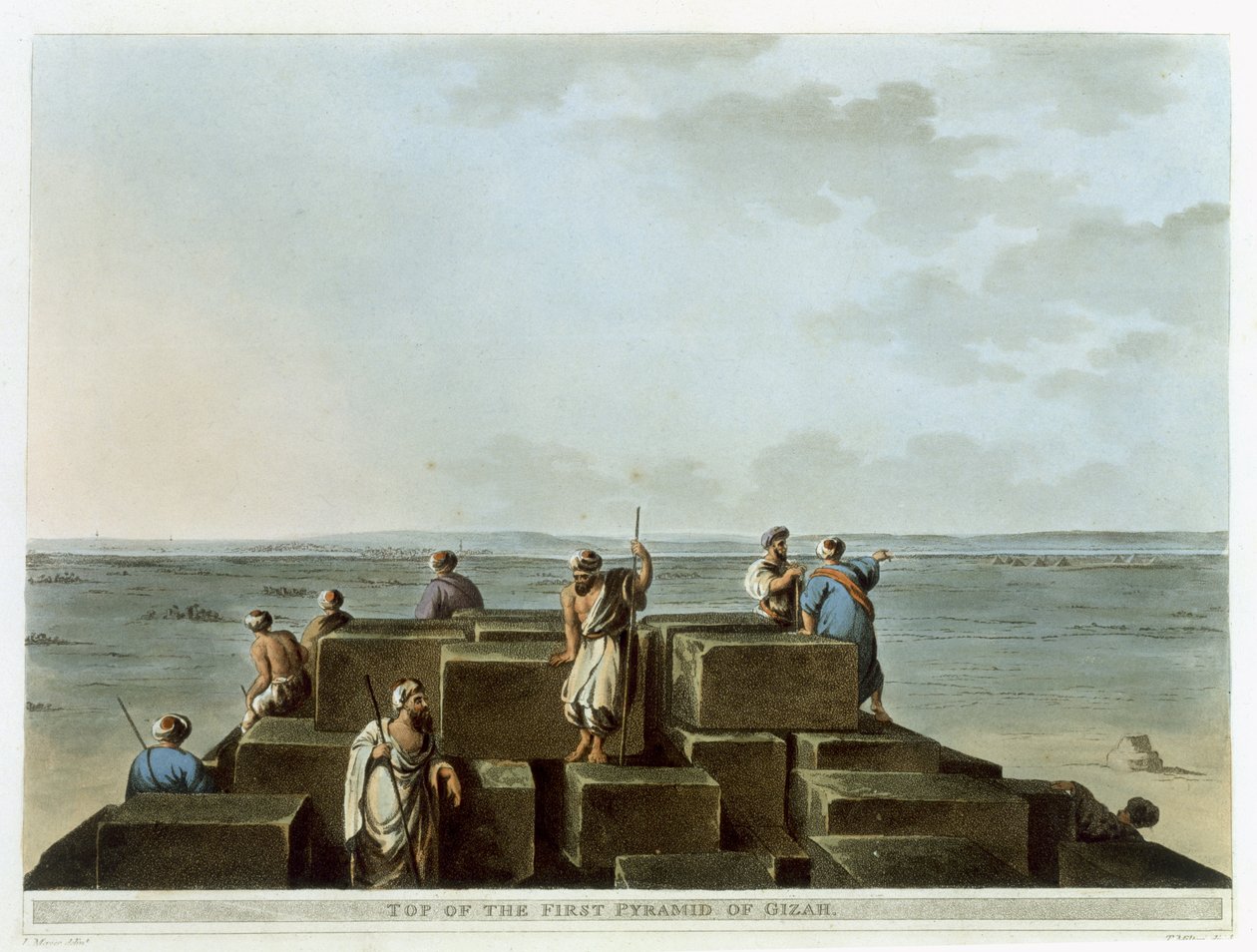 Toppen af den første pyramide i Gizah, planche 4 fra "Views of Egypt", graveret af Thomas Milton (1743-1827), udgivet af Robert Bowyer (1758-1834) 1801 (akvatint) af Luigi Mayer