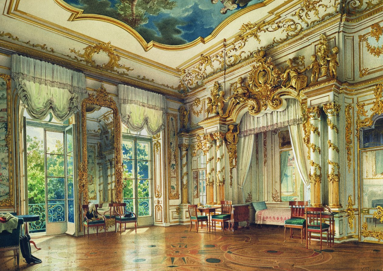 Soveværelse af zar Alexander I i Alexander Palace, Tsarskoye Selo, 1855 (wc og hvid farve på papir) af Luigi Premazzi