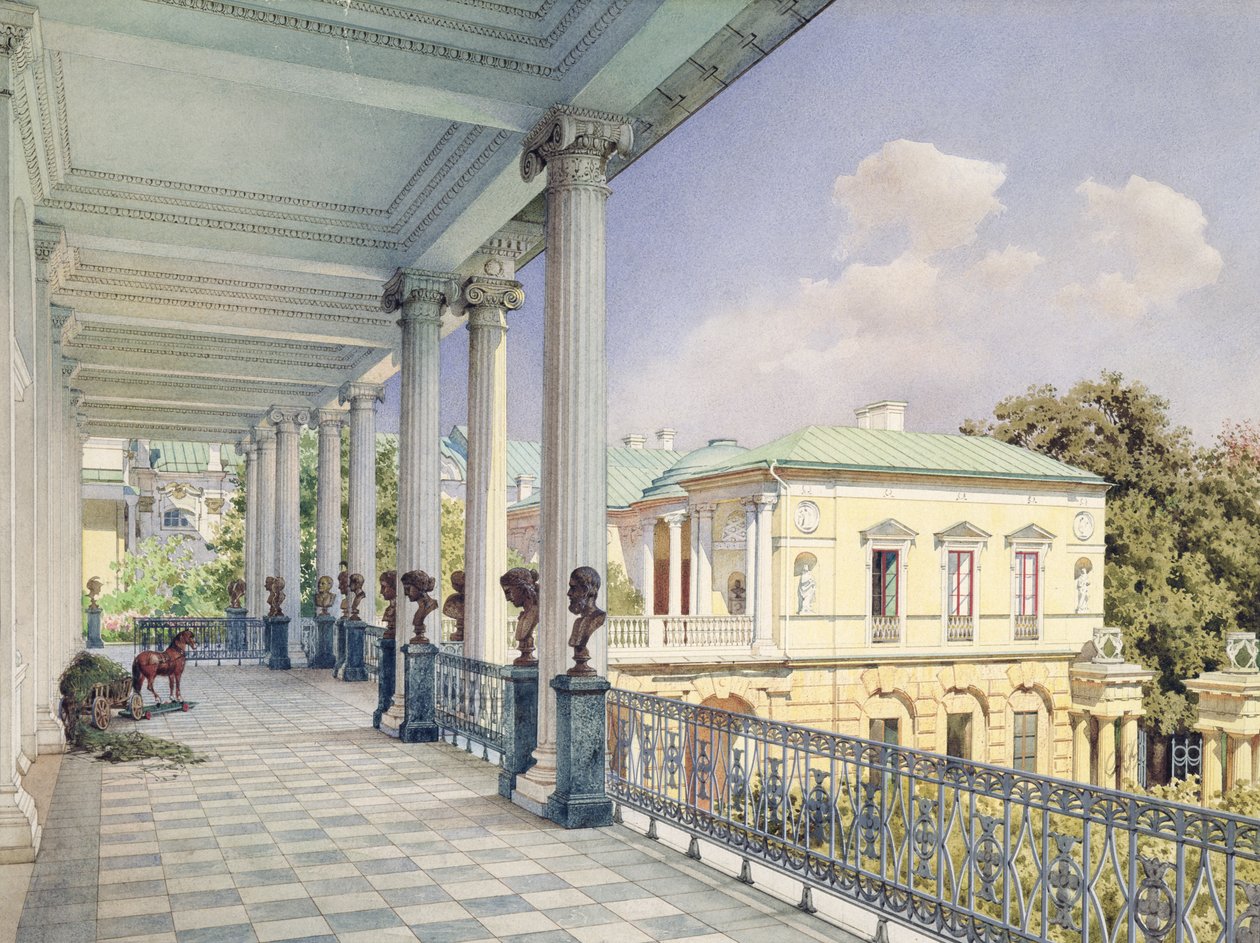 Cameron Gallery i Tsarskoye Selo, 1859 (wc og hvid farve på papir) af Luigi Premazzi
