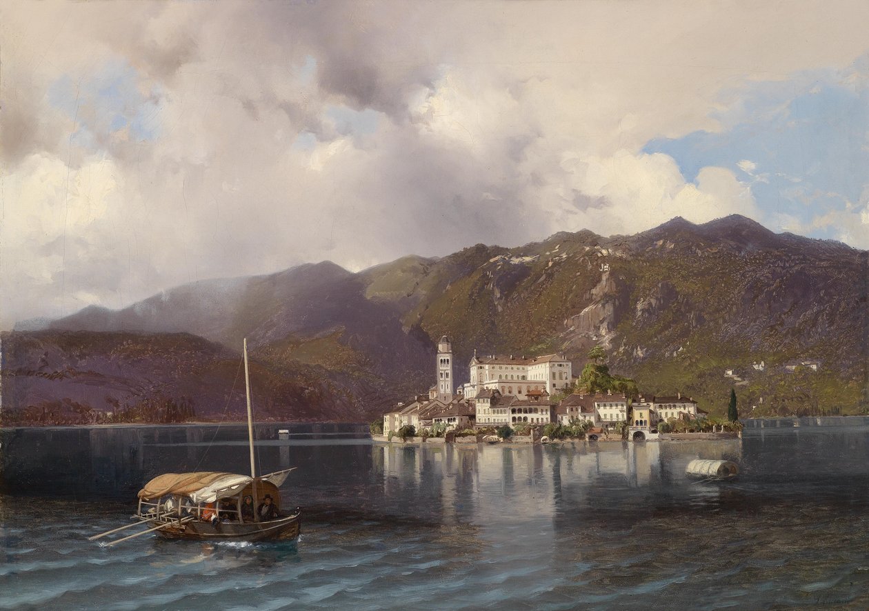 Udsigt over Isola San Giulio i Lake Orta / Piemonte af Luigi Riccardi