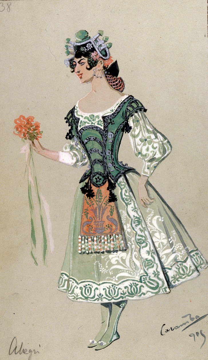 Kostumedesign til Barbarina, fra "The Marriage of Figaro" af Wolfgang Amadeus Mozart, 1905 af Luigi Sapelli Caramba