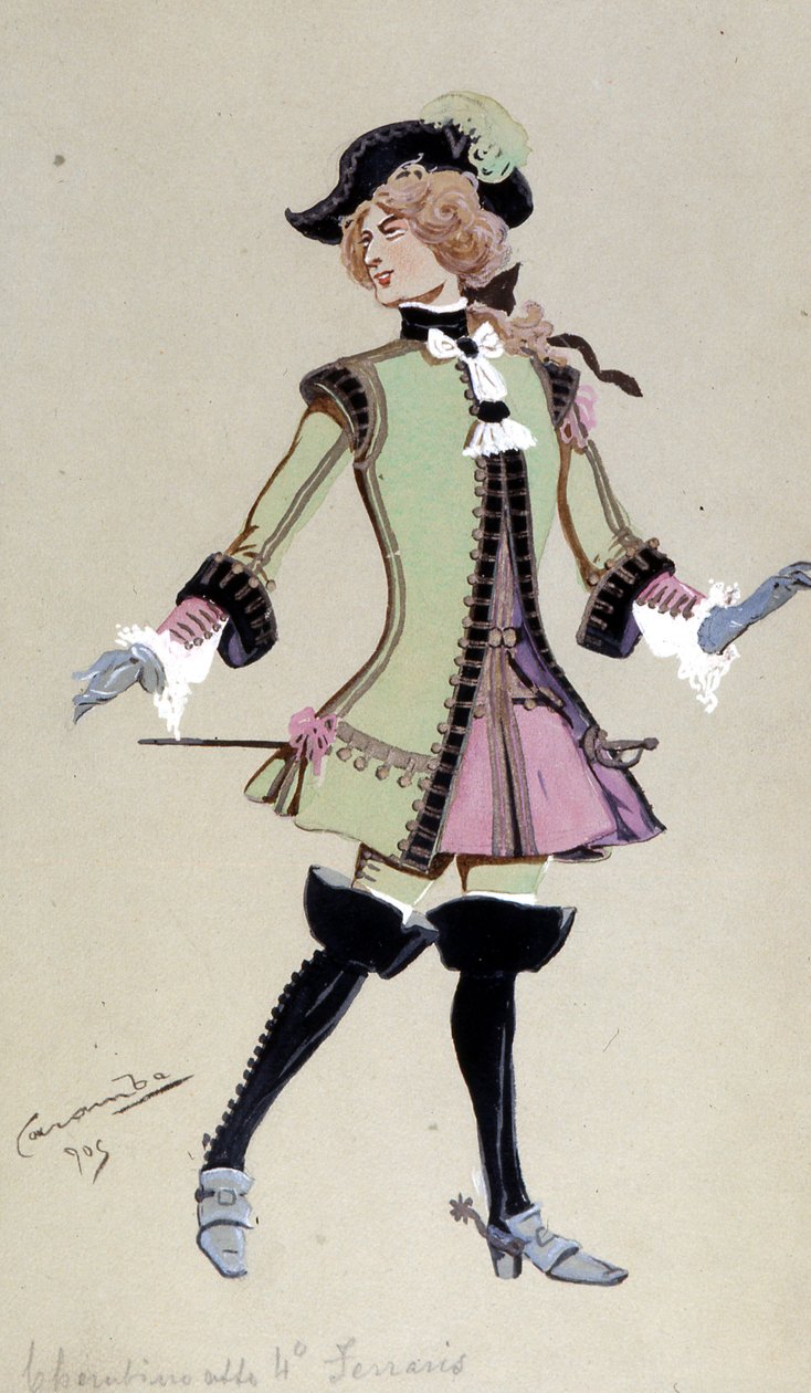 Kostumedesign til Cherubino, fra Figaros bryllup af Wolfgang Amadeus Mozart, 1905 af Luigi Sapelli Caramba