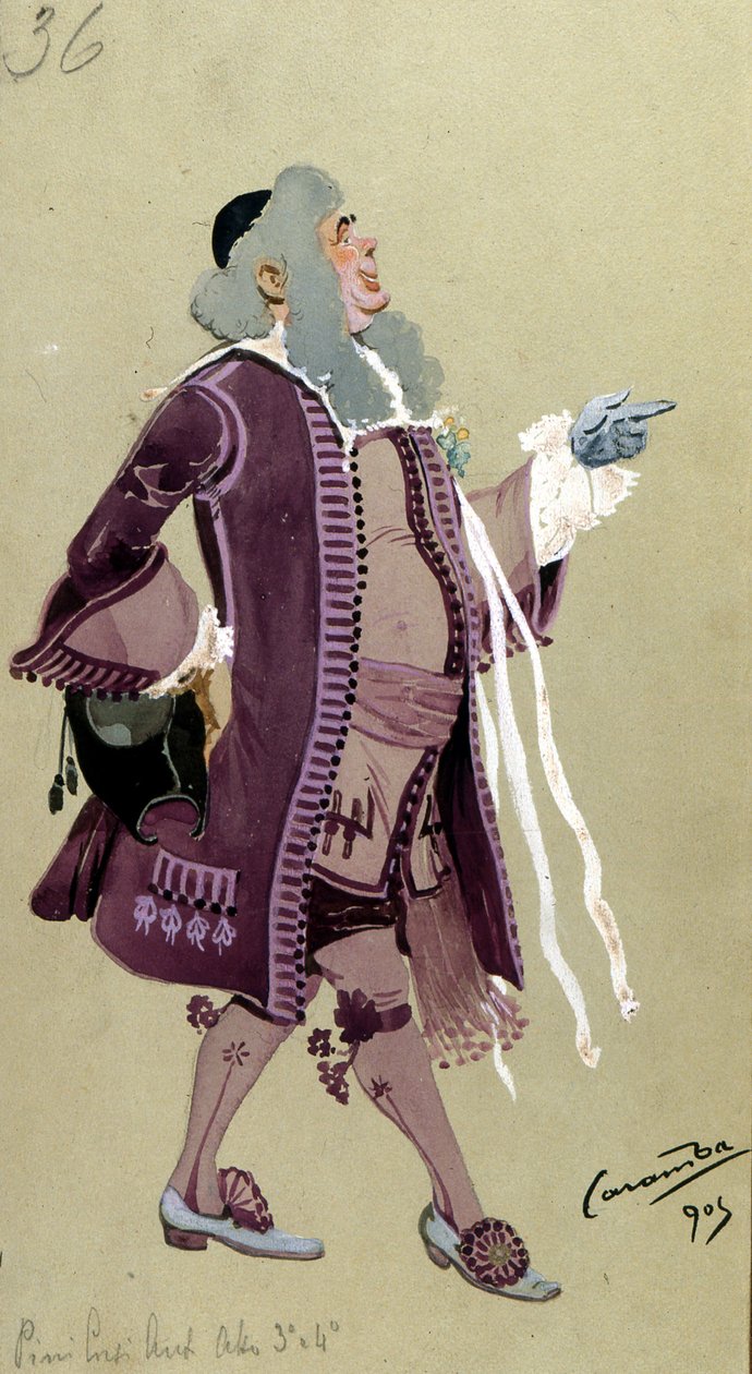 Kostumedesign til Don Bartolo, fra Figaros bryllup af Wolfgang Amadeus Mozart, 1905 af Luigi Sapelli Caramba