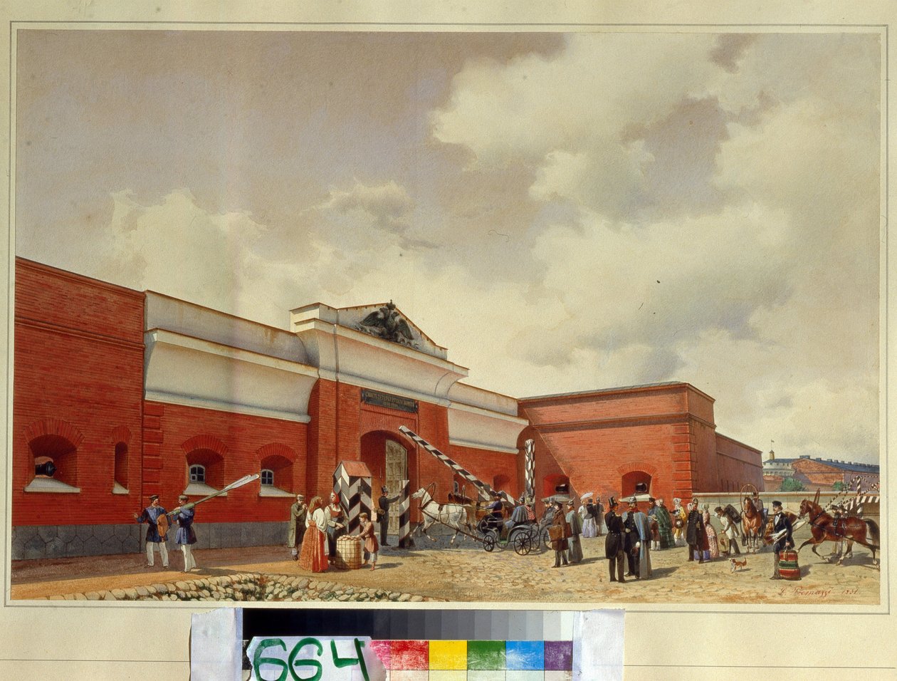 Søfæstningen Kronstadt. Sankt Petersborg Port. (Kronstadt-søfæstningen. Sankt Petersborg-porten). Værk af Luigi Premazzi (1814-1891), akvarel på papir af Luigi Premazzi