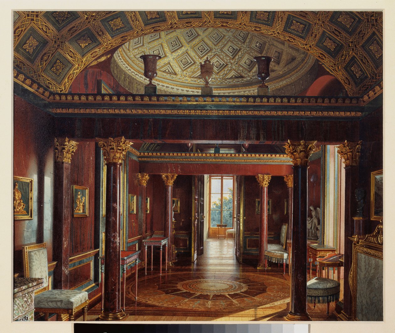 The Agate (Agate) Room (eller Jasper Cabinet), i det store palads i Tsarkoye Selo. Værk af Luigi Premazzi (1814-1891), akvarel på papir af Luigi Premazzi