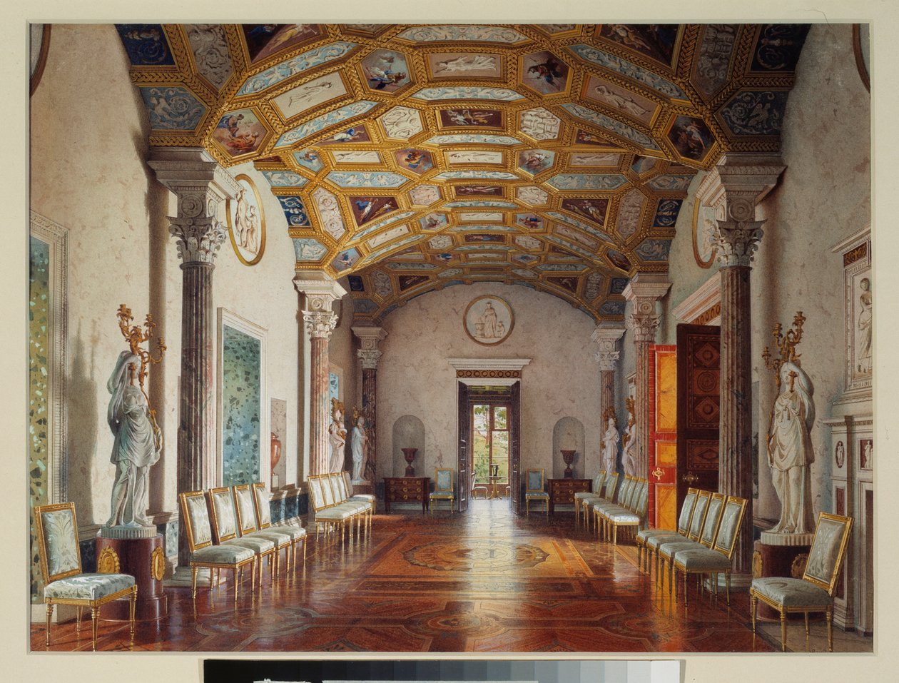 Den store sal af agat (agathe) i det store palads i Tsarkoye Selo. Værk af Luigi Premazzi (1814-1891), akvarel på papir af Luigi Premazzi