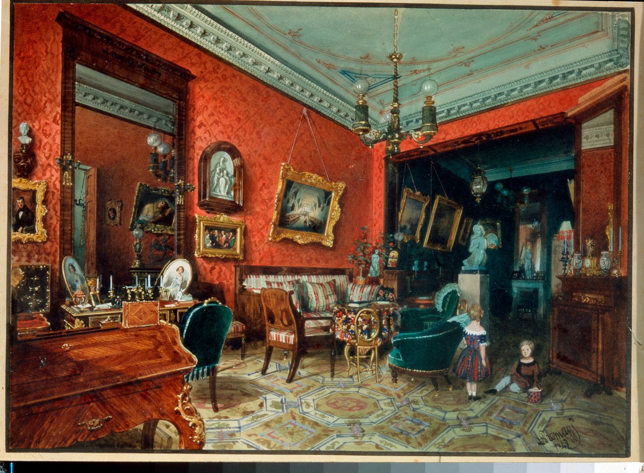 ""Stuen"" (Salle de sejour) To børn leger i stuen - Akvarel af Luigi Premazzi (1814-1891), ca. 1840 Privat samling af Luigi Premazzi
