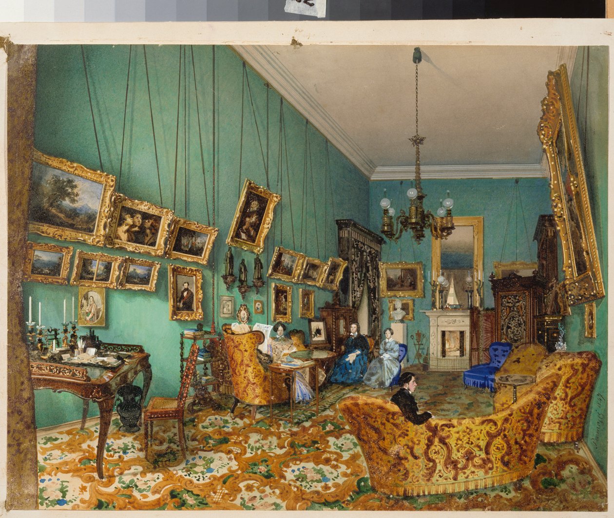 Interiør af en stue. (beskrivelse af russisk indretning og møbler i det 19. århundrede). Værk af Luigi Premazzi (1814-1891), akvarel på papir af Luigi Premazzi