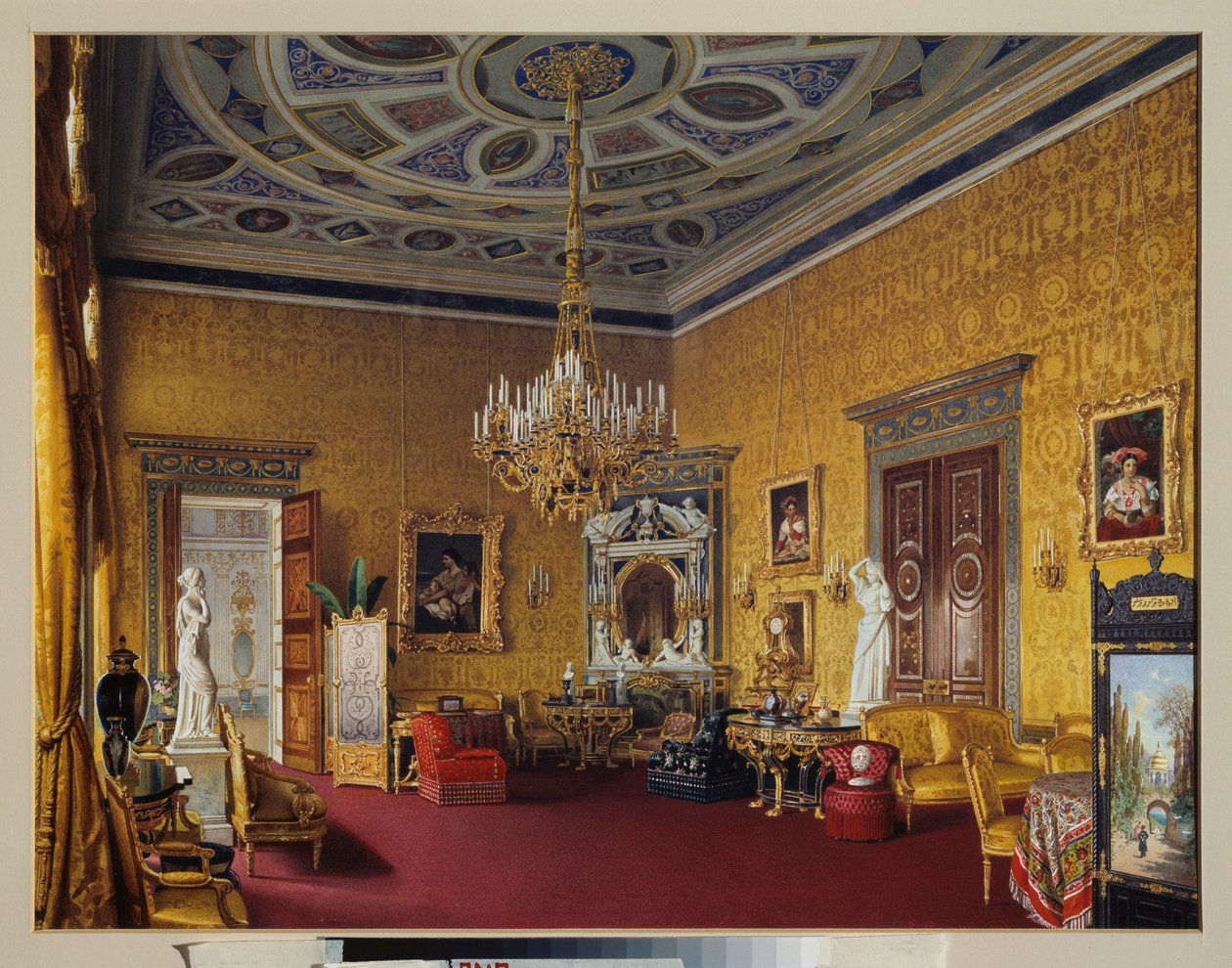 Lyons Hall (den gule tegnesal) i Tsarkoje Selos store palads (Rusland). Værk af Luigi Premazzi (1814-1891), akvarel på papir af Luigi Premazzi