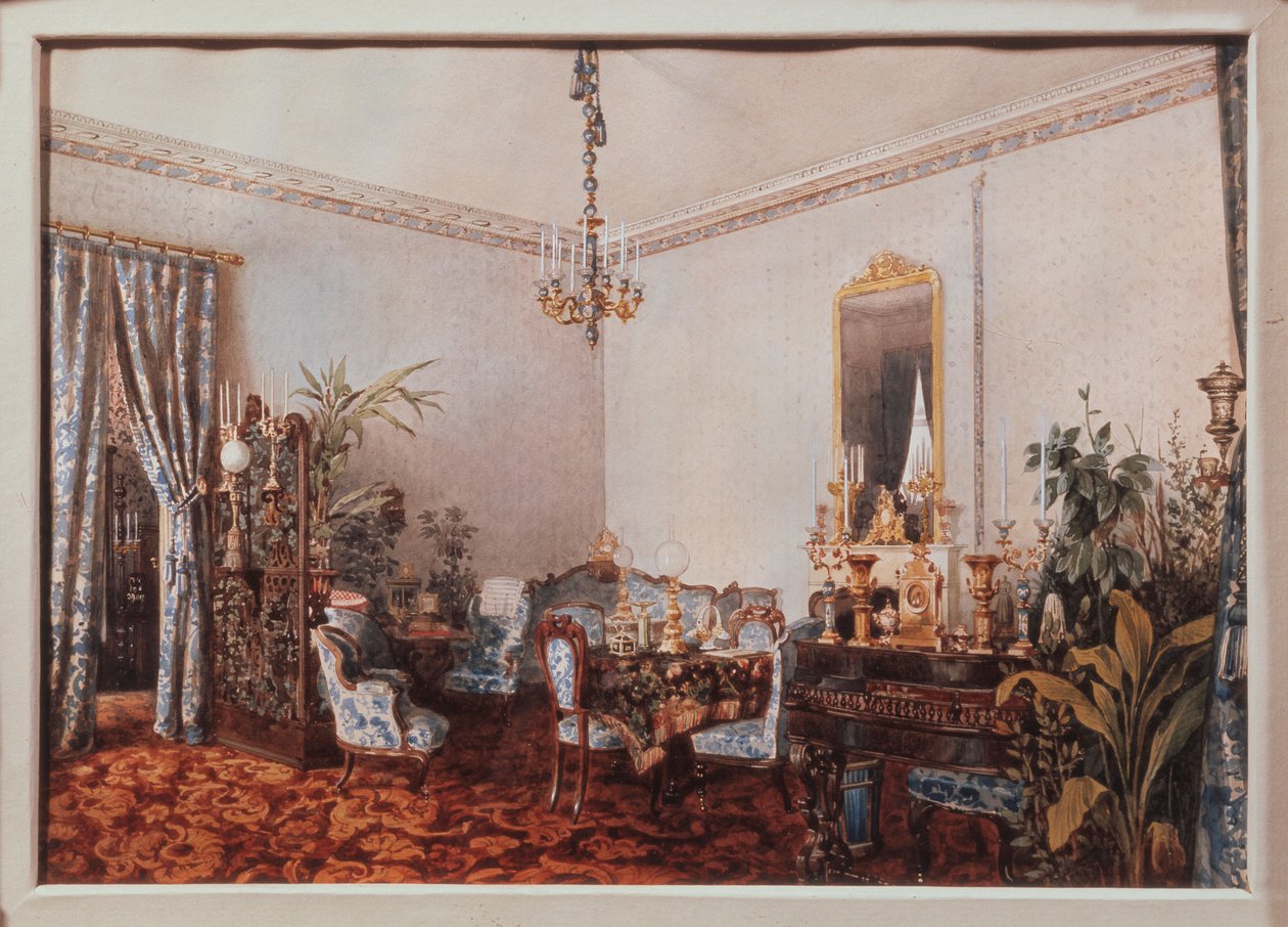 Tegnestuen i Varvara Obreskova-huset. Værk af Luigi Premazzi (1814-1891), akvarel på papir af Luigi Premazzi