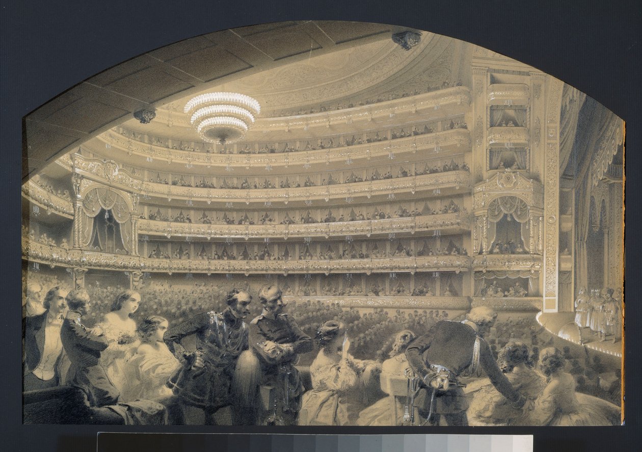 Auditoriet til Bolchoi Kammeny kejserlige teater i Sankt Petersborg. Kunstværk af Luigi Premazzi (1814-1891), akvarel og hvidt på papir, ca. 1850. Italiensk kunst af Luigi Premazzi