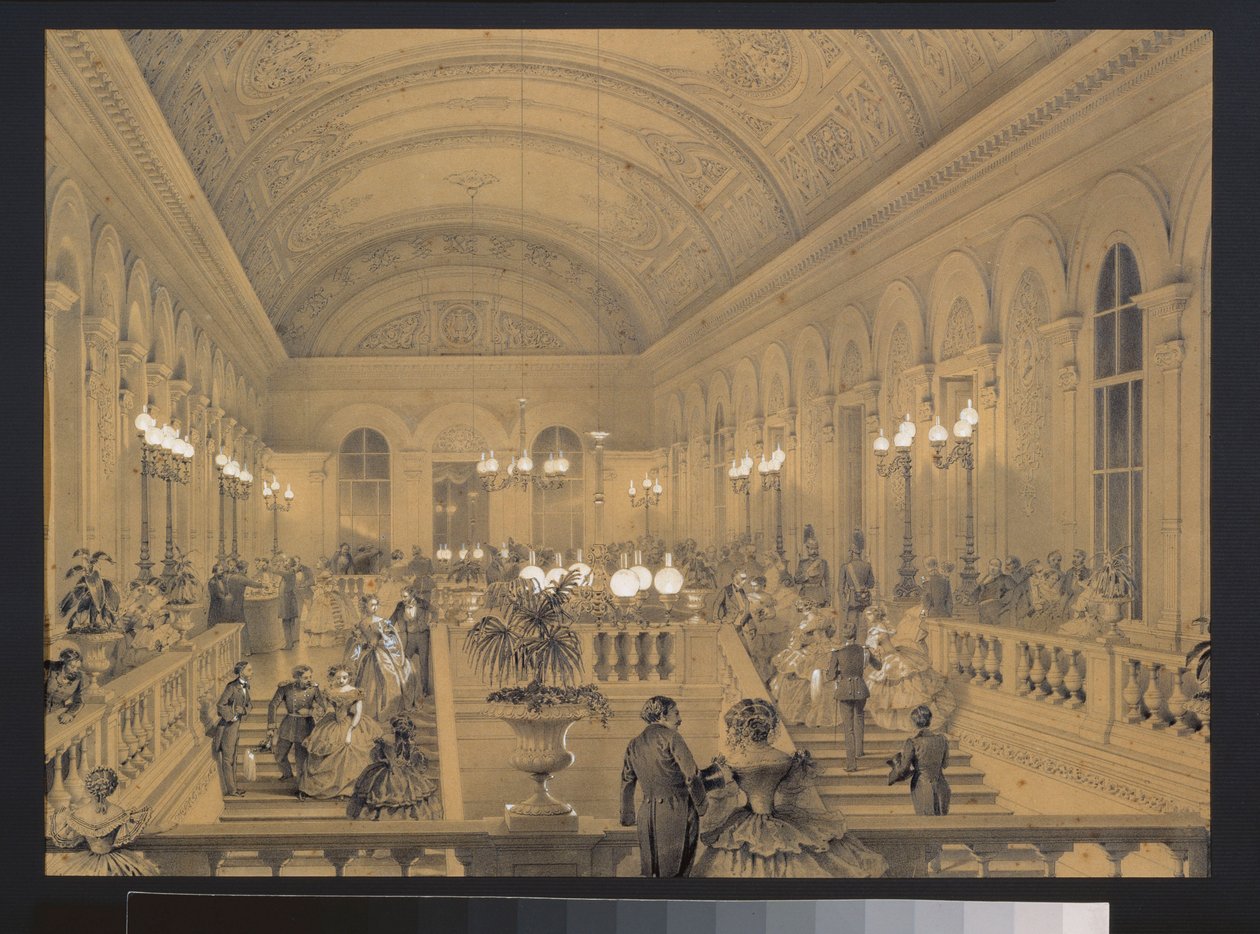 Trappen til det kejserlige teater Bolchoi Kammeny i Sankt Petersborg. Kunstværk af Luigi Premazzi (1814-1891), akvarel og hvidt på papir, ca. 1850. Italiensk kunst af Luigi Premazzi