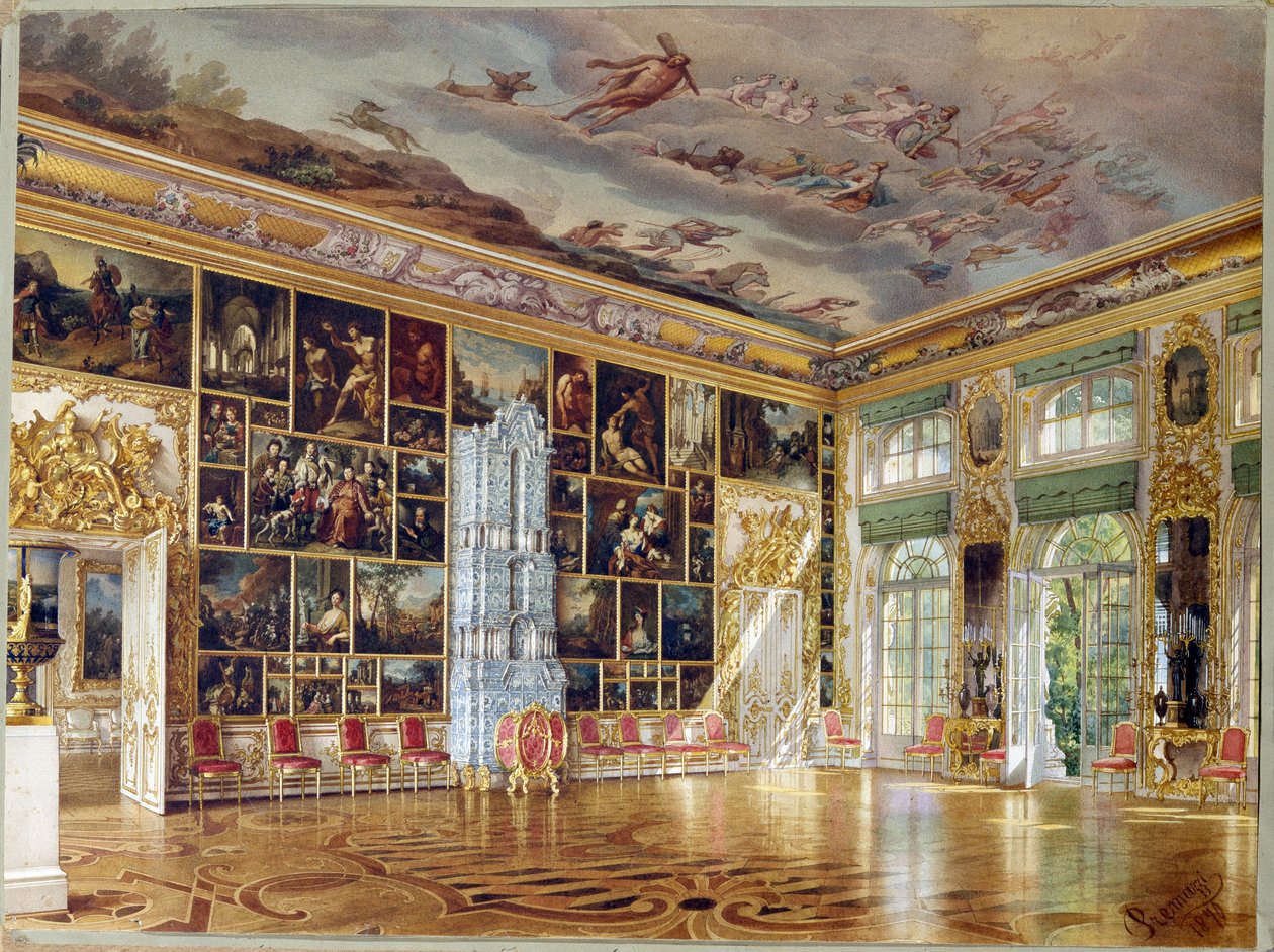 ""The Art Gallery Hall in Palace of Tsarskoye Selo"" af Ludwig (Luigi) Premazzi (1814-1891), Akvarel på papir af Luigi Premazzi