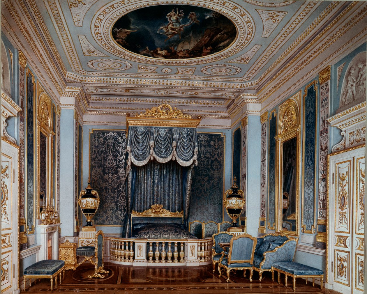 Udsigt over soveværelset til zar Alexander II (1818-1881) ved Gatchina Palace Tryk af Luigi Premazzi (Ludwig Osipovich) (1814-1891) Skt. Petersborg fra det 19. århundrede, Eremitagemuseet af Luigi Premazzi