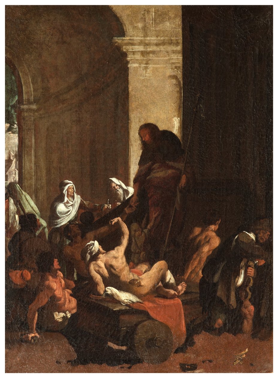 North Transept, San Roccos alter 1635, 45, Genovesino 1645, Fordeling af varer til de fattige, Malet nederst til venstre af Luigi Miradori