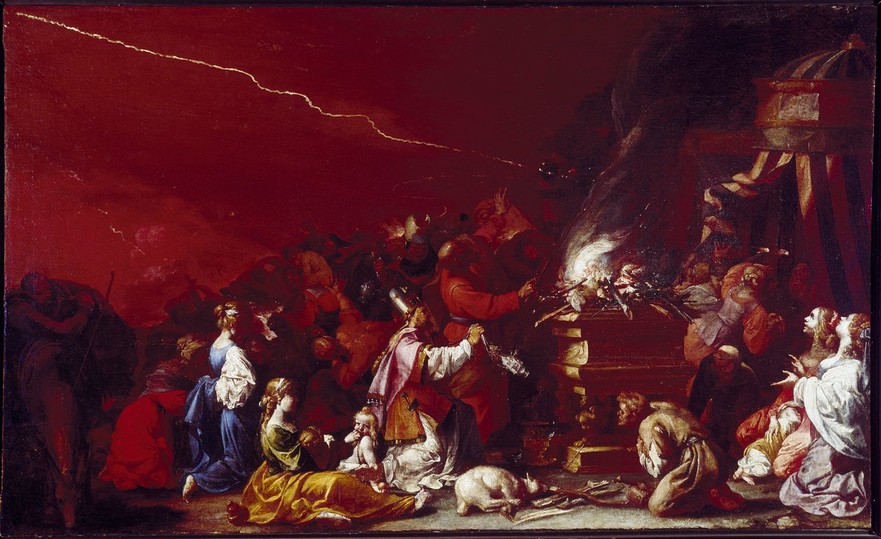 Offerscene Bibelens karakterer samles om et alter. Et lam ligger ved foden af alteret. Maleri af Luigi Miradori dit Il Genovesino (ca. 1608-1655) Parma fra det 17. århundrede, Galleria Nazionale af Luigi Miradori