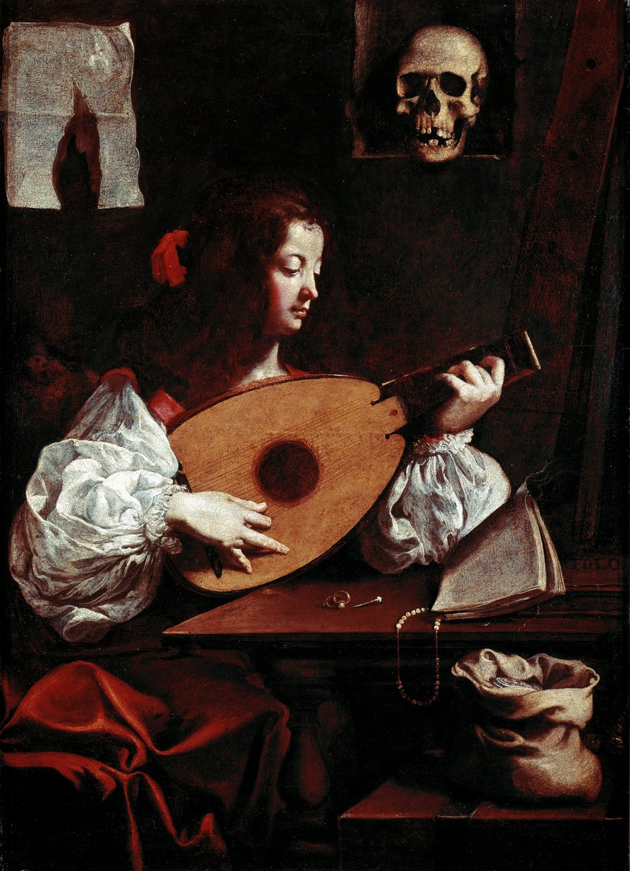 Lutespilleren I nærheden af partituret stilles to ringe, en stift og et kranium (vanitas) lægges på et stativ. Maleri af Luigi Miradori dit Il Genovesino (1600/10-1655/57) Galleria di Palazzo Rosso Genes Italien fra det 17. århundrede af Luigi Miradori