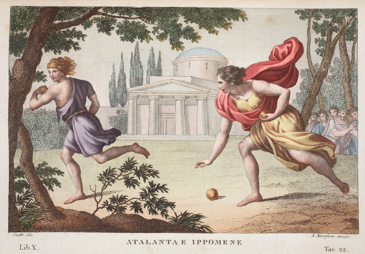 Atalanta og Hippomenes eller Atalanta e Ippomene, Bog X, illustration fra Ovids Metamorphoses, Firenze, 1832 (håndkoloreret gravering) af Luigi Ademollo