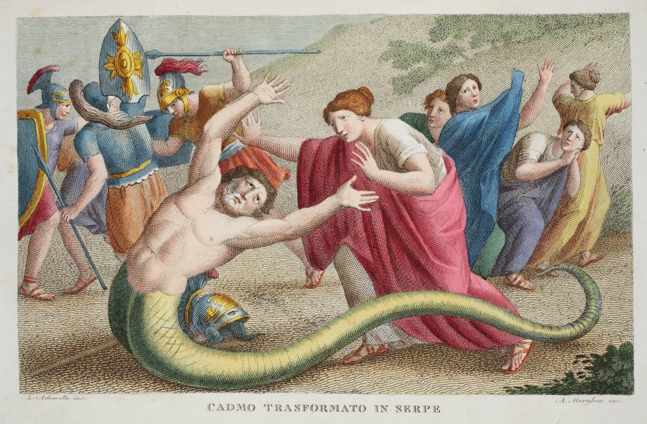 Cadmus into a Serpent eller Cadmo Transformato in Serpe, Bog IV, illustration fra Ovids Metamorphoses, Firenze, 1832 (håndkoloreret gravering) af Luigi Ademollo