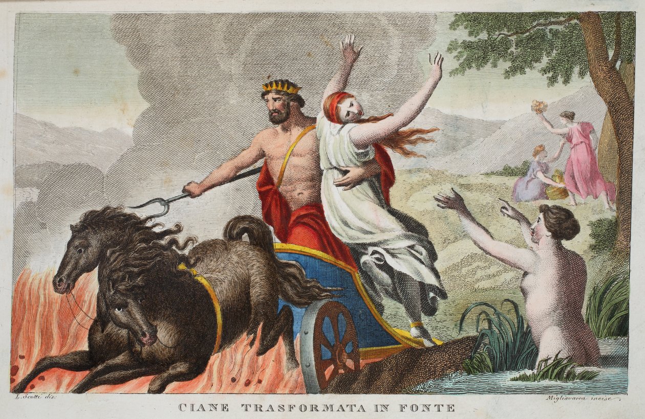 Cyane og voldtægten af Proserpina eller Ciane Transformata i Fonte, Bog V, illustration fra Ovids Metamorfoser, Firenze, 1832 (håndkoloreret stik) af Luigi Ademollo